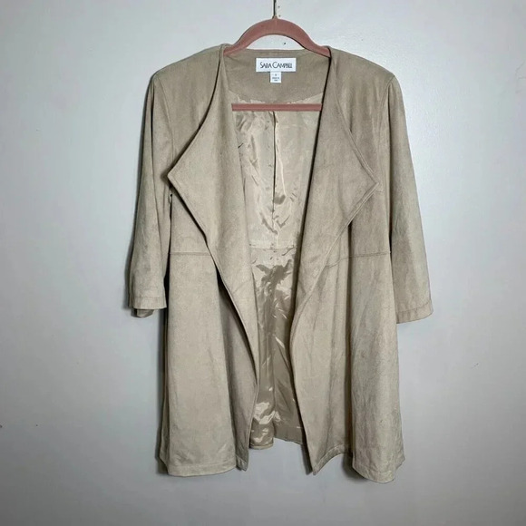 Sara Campbell Faux Suede Open Front Beige Cardigan Jacket Size Small 3/4 sleeves - Picture 3 of 9